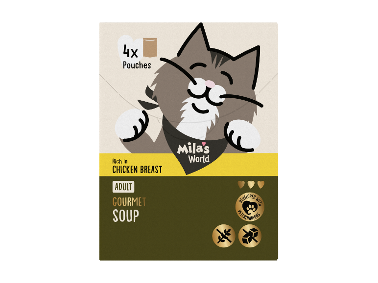Mila's World Gourmet suppe med kyllingebryst til voksne katte, 4 poser.