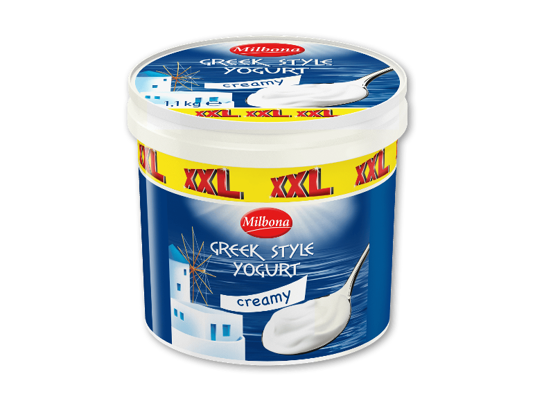 Stor pakke græsk yoghurt, cremet, med billede af en vindmølle.