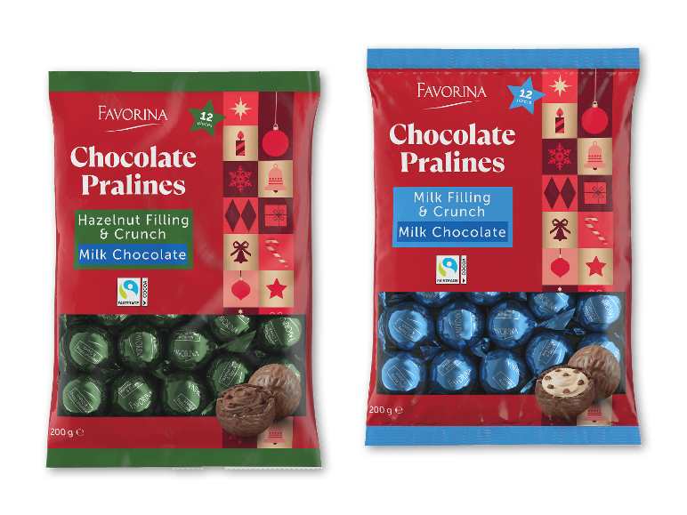 Favorina chokoladepraliner med hasselnød- og mælkefyld i festlig emballage.
