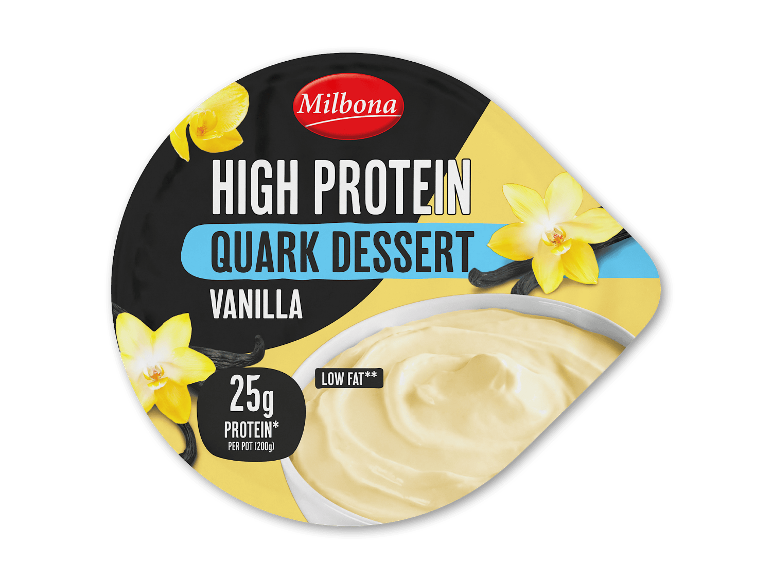 Højprotein kvarkdessert vanilje, 25g protein pr. bæger (200g), lavt fedtindhold.