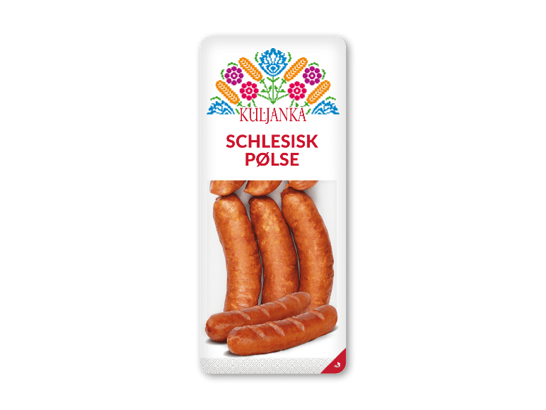 Kuljanka Schlesische Grobwurst 600g pakke med pølser og traditionelt mønster.