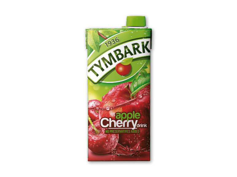 Tymbark æble-kirsebærdrik, med teksten 'NO PRESERVATIVES ADDED'.