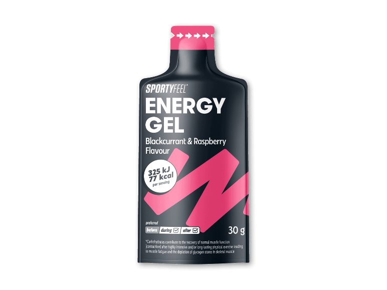 Energigel med solbær- og hindbærsmag, 30 g, 77 kcal.