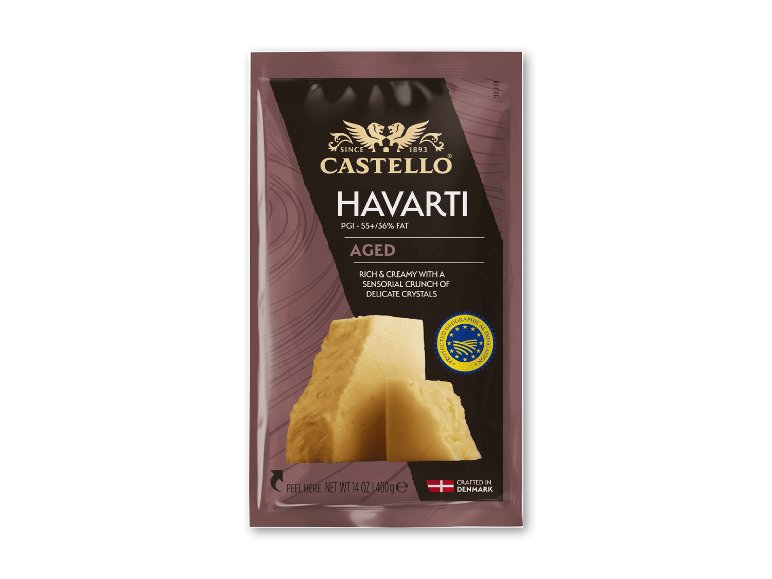 Havarti ostemballage, rig og cremet med sprøde krystaller, 400g.