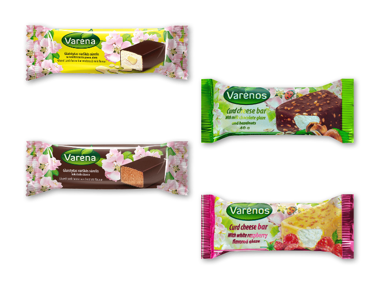 Fire ostebars: to med kondenseret mælk og chokolade, en med hasselnødder, en med hindbær.