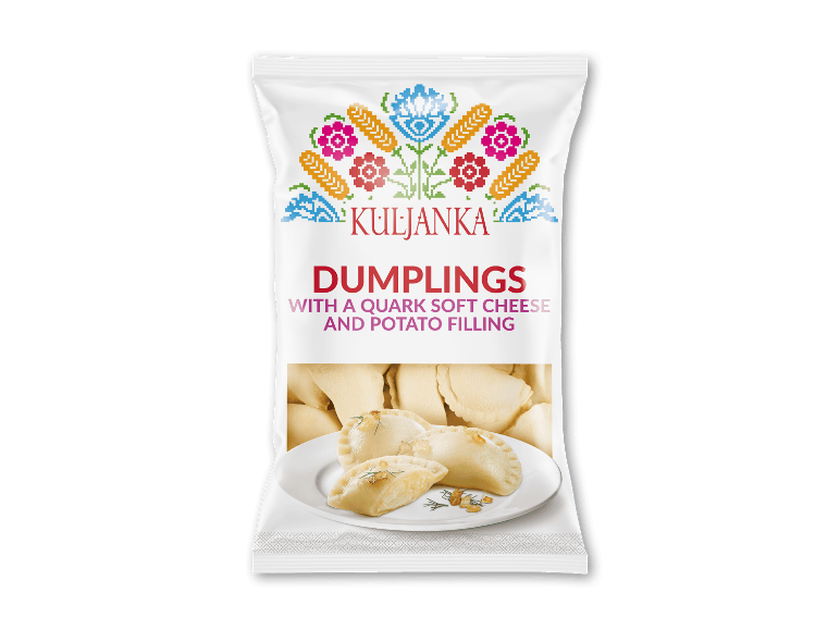 Kuljanka dumplings med kvark og kartoffelfyld, i en hvid pakke.