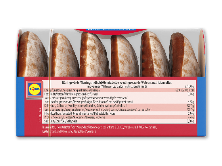 Næringsdeklaration på emballagen af chokoladehonningkager.