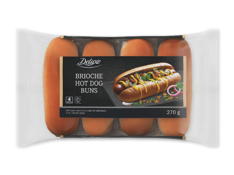 DELUXE brioche hotdogbrød, 4 stk., 270 g, med billede af en hotdog.