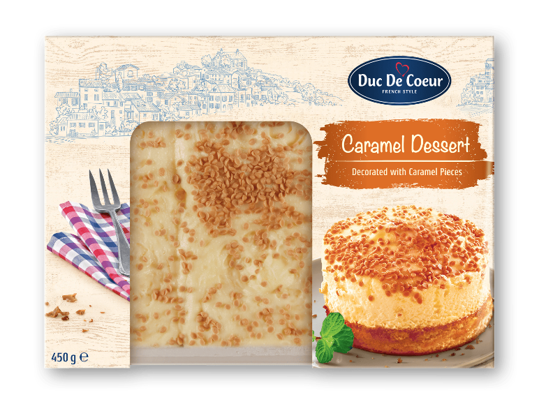 Duc de Coeur karamelldessert dekoreret med karamelstykker, 450g