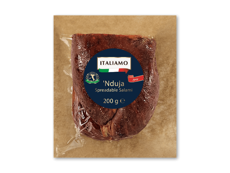 Vakuumforseglet 'Nduja smørbar salami, 200g, med krydret etiket.