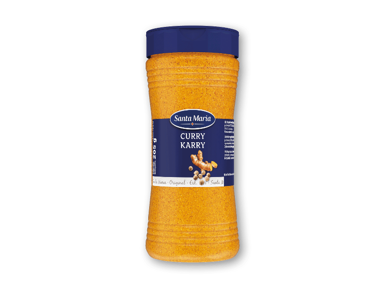 Karrykrydderi i en plastbøtte på 205 g.