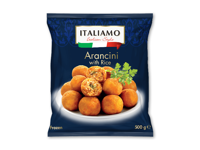 Emballage med frosne arancini med ris, 500 g.