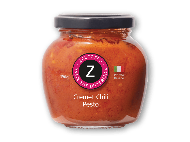 Et glas cremet chilipesto på 190 g.