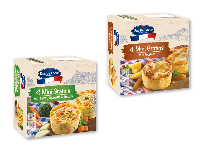 To æsker med franske minigratiner: med kartofler og med grøntsager.