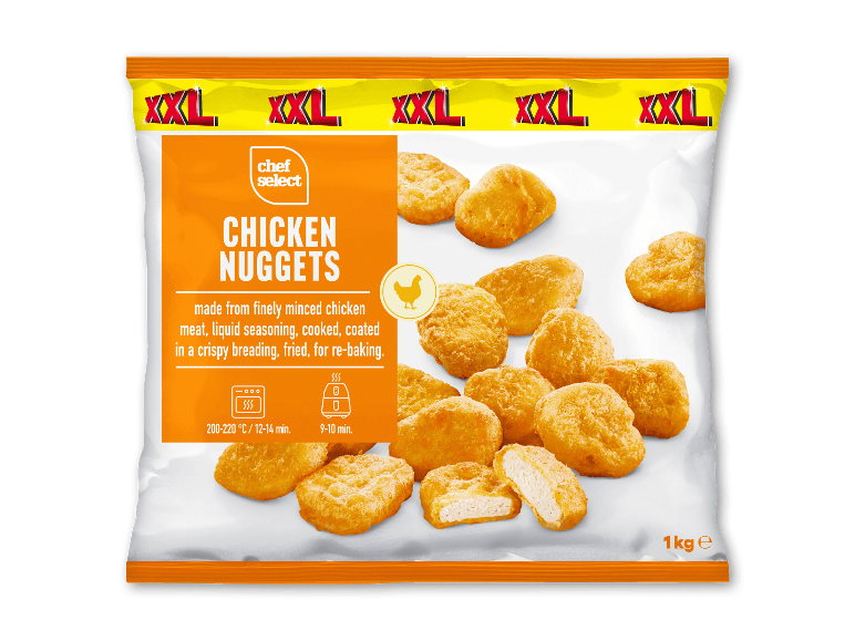 1 kg pose XXL kyllingenuggets, med ovn- og airfryer-instruktioner.