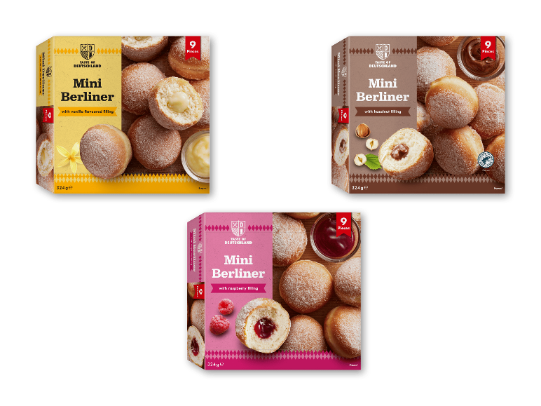 Tre æsker med frosne mini-Berliner-bursche med vanilje-, hasselnød- og hindbærfyld.
