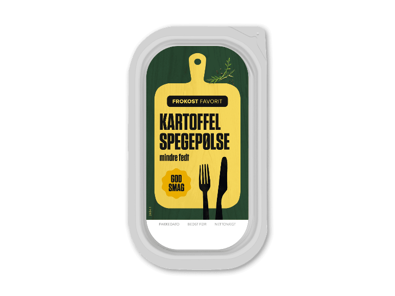 Kartoffelspegepølse i skiver i pakke.