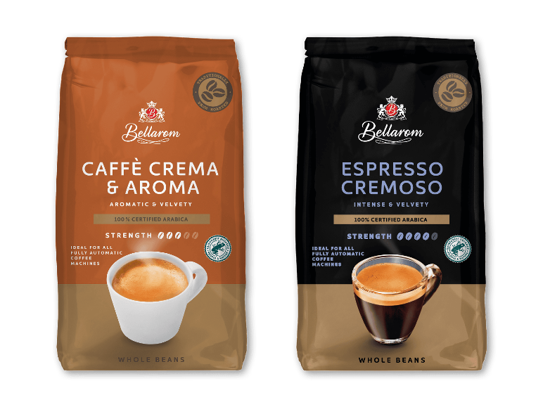 Bellarom Caffè Crema & Aroma og Espresso Cremoso hele kaffebønner.