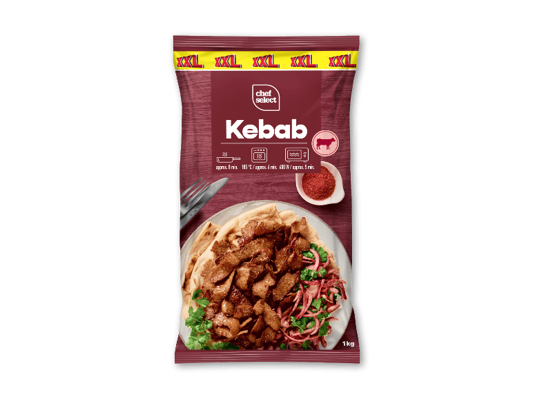 XXL kebabpakke med tilberedningsvejledning og en portion kebab på en tallerken.