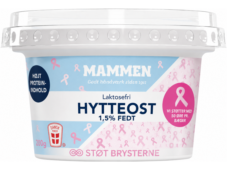 Laktosefri hytteost med 1,5% fedt, højt proteinindhold, 200g, med lyserøde sløjfer.