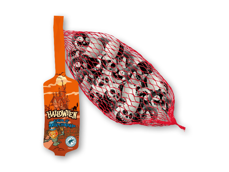 Favorina Halloween mælkechokoladeøjne og -skeletter i et rødt net