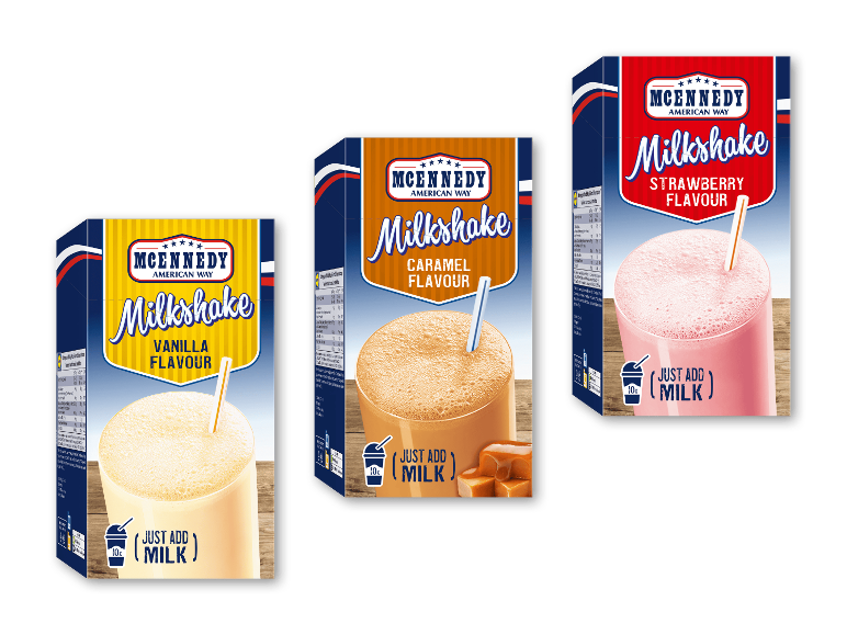 Tre æsker med milkshake-pulver med smag af vanilje, karamel og jordbær.