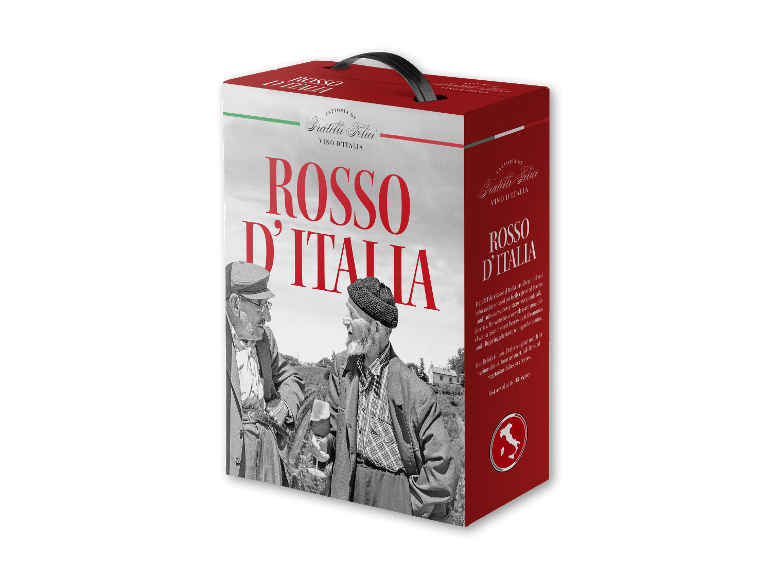 Rødvinskasse med to mænd og italienske motiver, 'Rosso d'Italia'.