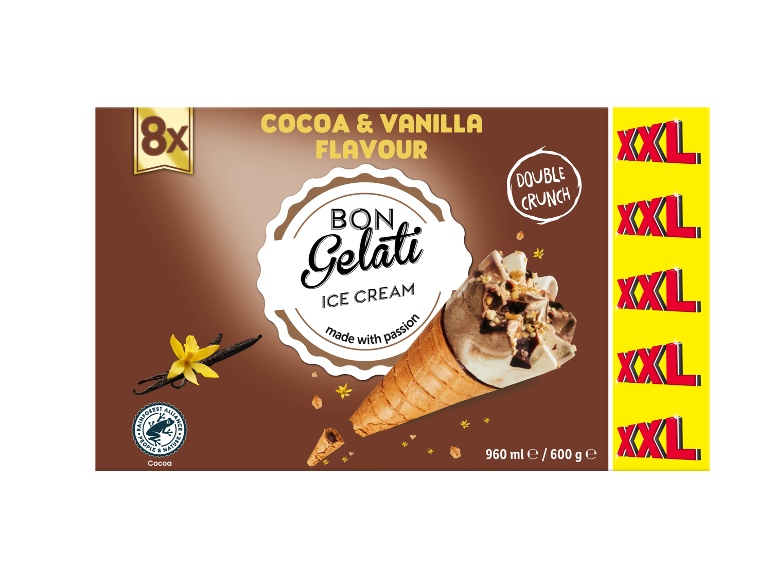 Pakke med 8 XXL isvafler med kakao- og vaniljesmag og dobbelt crunch.