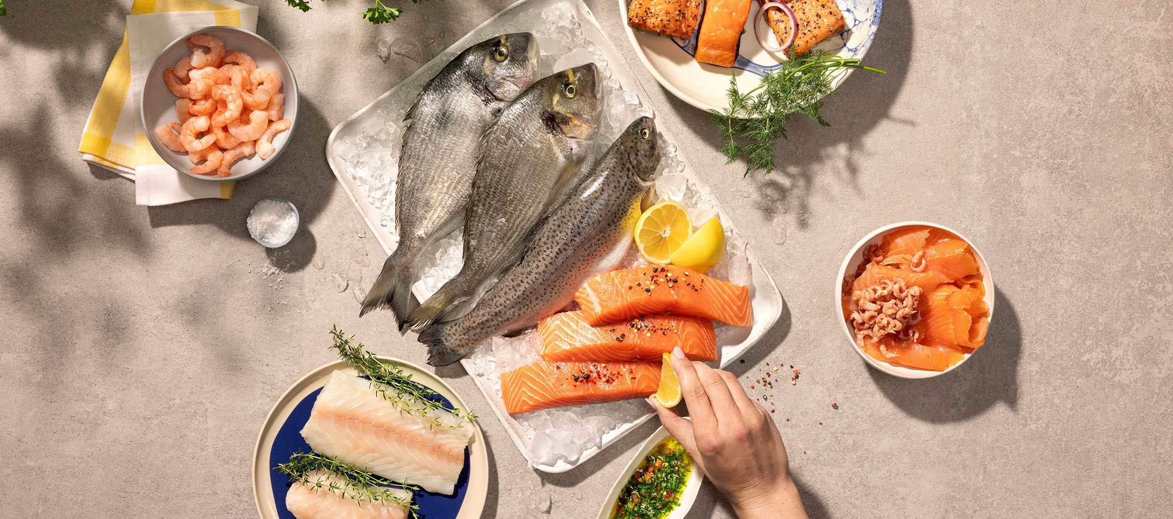 Udvalg af frisk fisk og skaldyr, herunder hele fisk, laksefileter og rejer, på is.