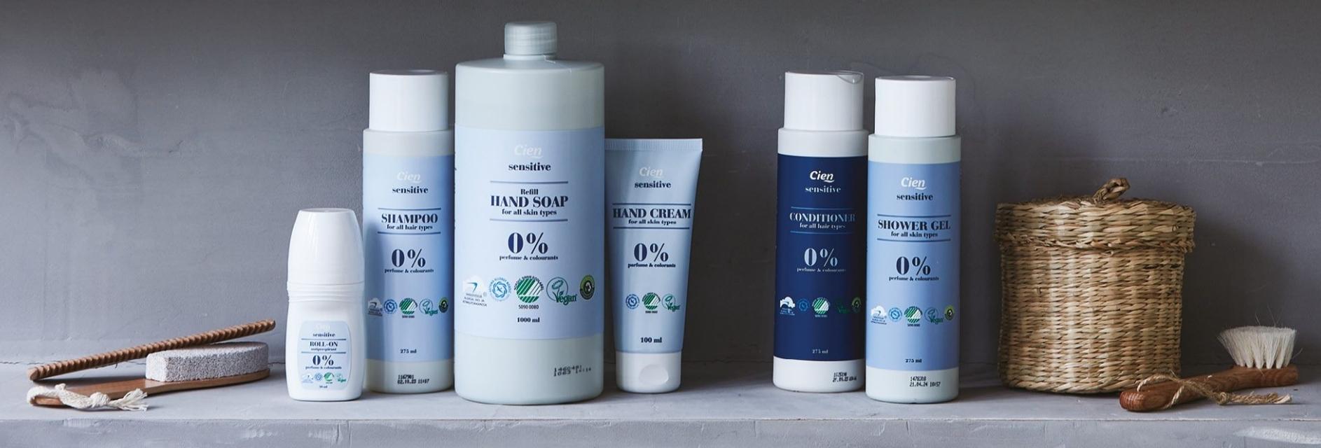 Cien sensitive shampoo, håndsæbe, balsam og brusegel.