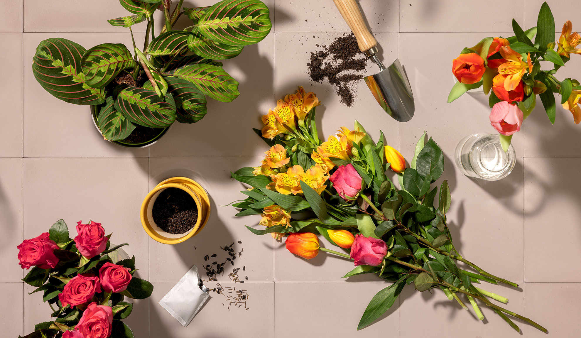 Ovenfra billede af haveredskaber, potteplanter og buketter af farverige blomster på en flisebelagt overflade.