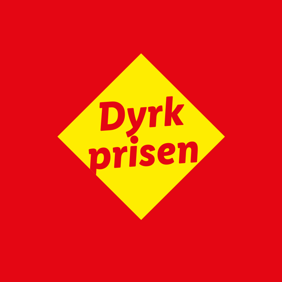 Rød baggrund med en gul rombe, der indeholder teksten 'Dyrk prisen'.