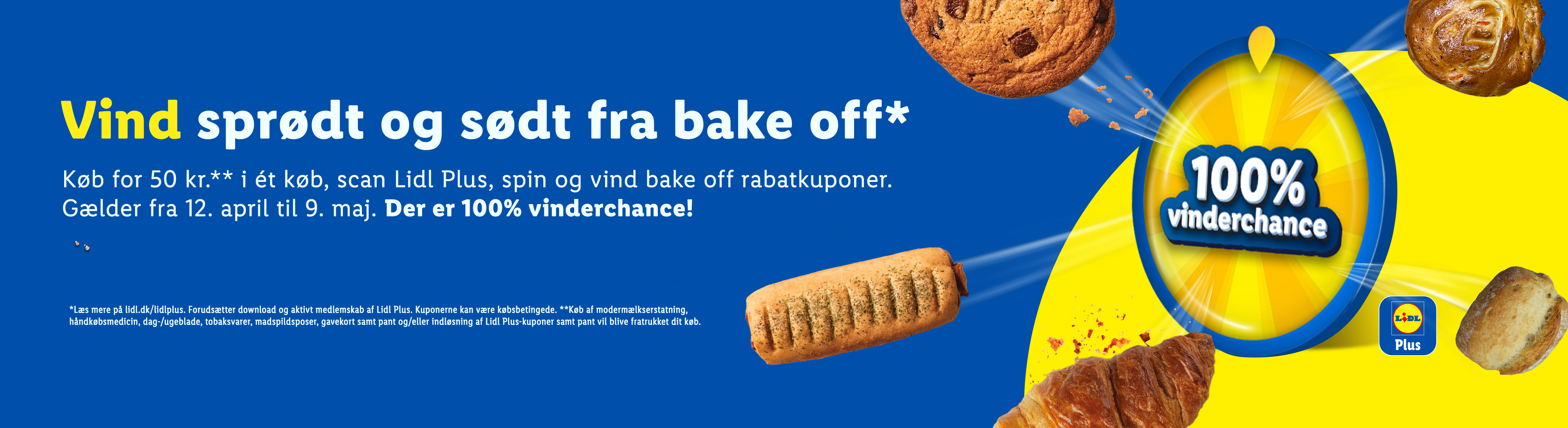 Billedet viser forskellige bake off-produkter som småkager, pølsehorn og croissanter, med teksten 'Vind sprødt og sødt fra bake off' og '100% vinderchance'.