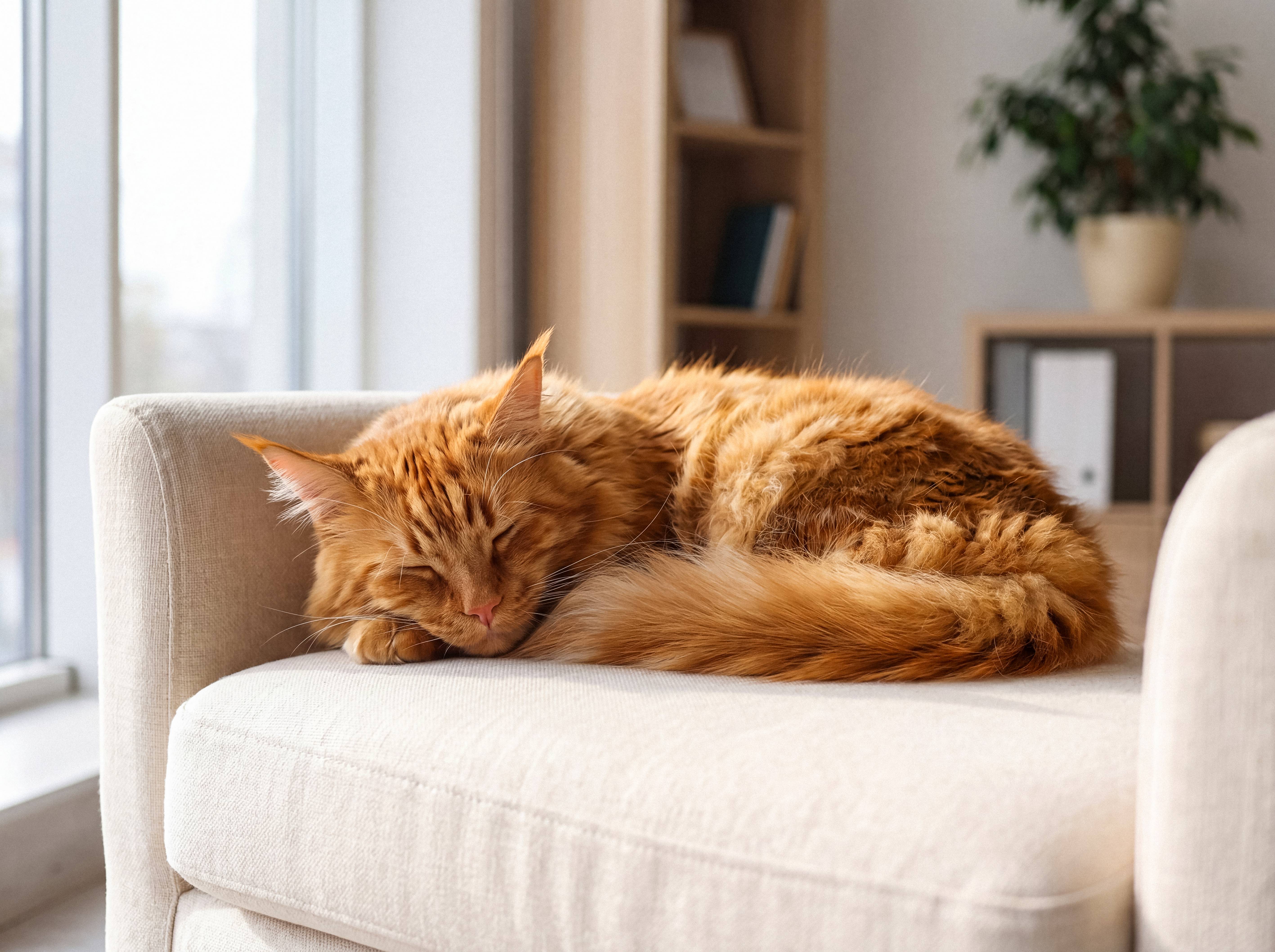 Rød kat sover på en beige sofa i en stue.