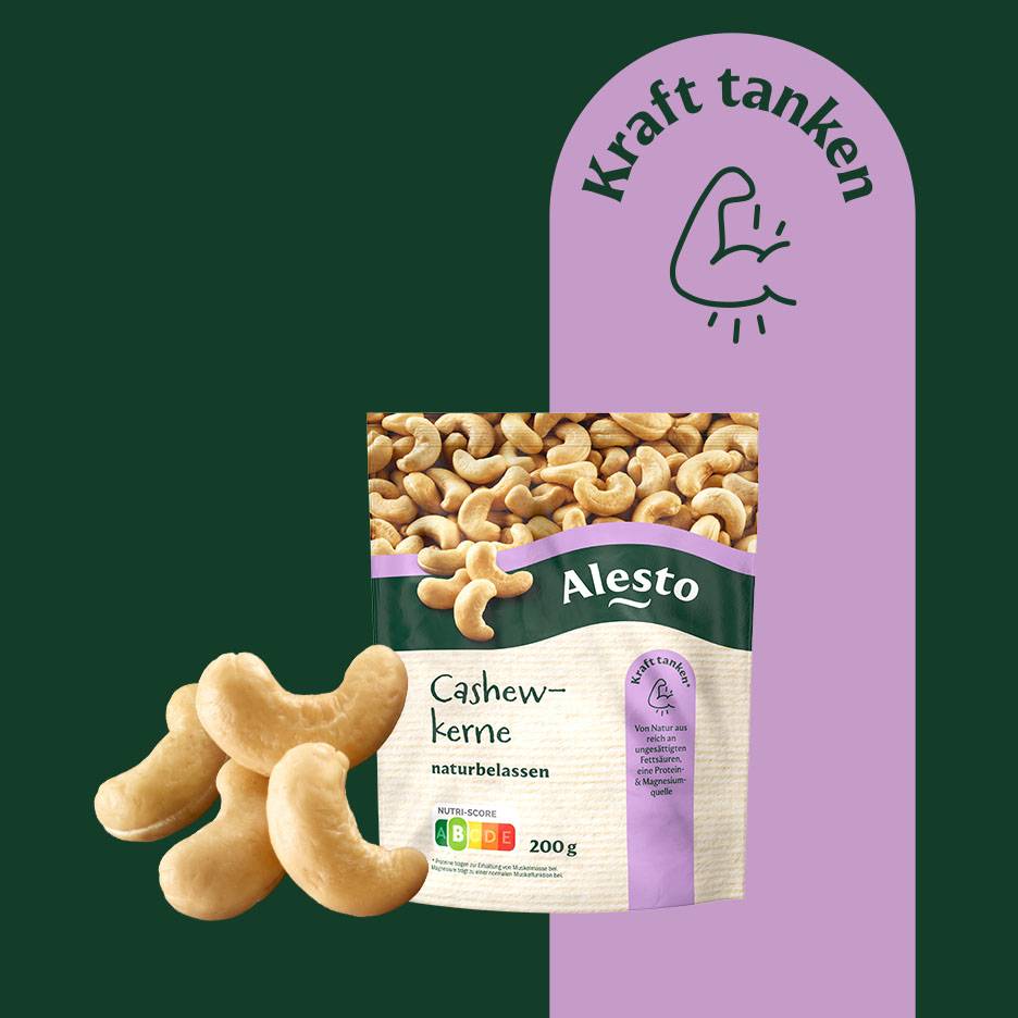 Pakke cashewnødder med teksten 'Kraft tanken' og Nutri-Score-mærkning.