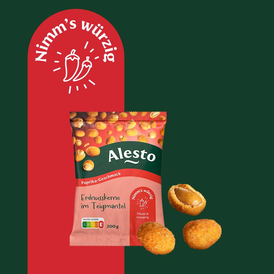En pakke paprika-smagte overtrukne peanuts, med teksten 'Nimm's würzig' og chili-illustration.