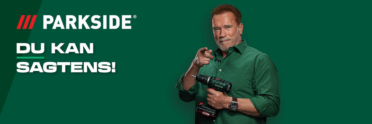 Parkside boremaskiner og Arnold Schwarzenegger i en reklame.