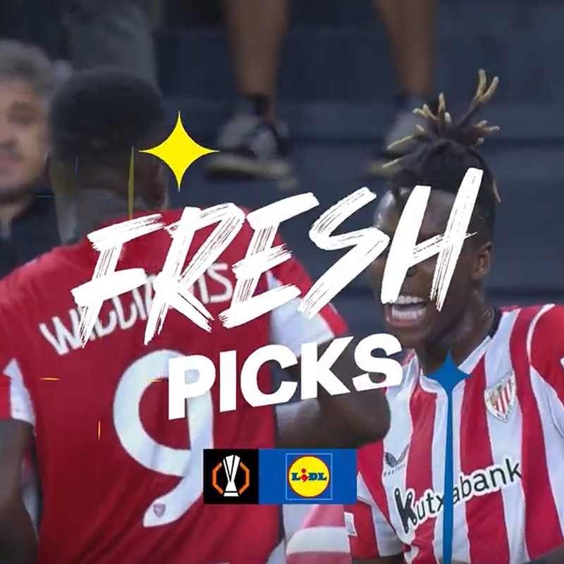 Fodboldspillere i røde og hvide trøjer med teksten 'FRESH PICKS' og Lidl-logoet.