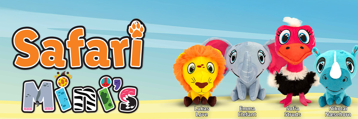 Safari Minis plysdyr: løve, elefant, struds og næsehorn.