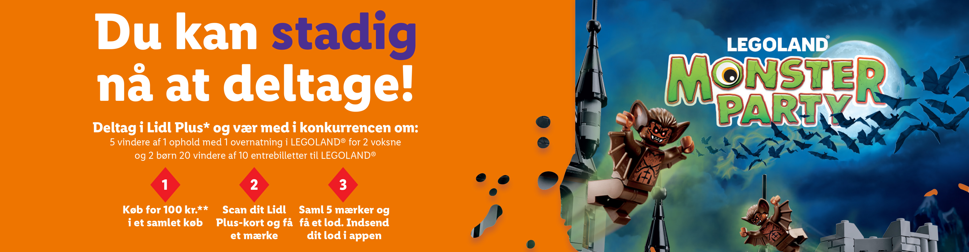 En reklame for en konkurrence om et ophold i LEGOLAND® Monster Party, hvor man kan vinde billetter.