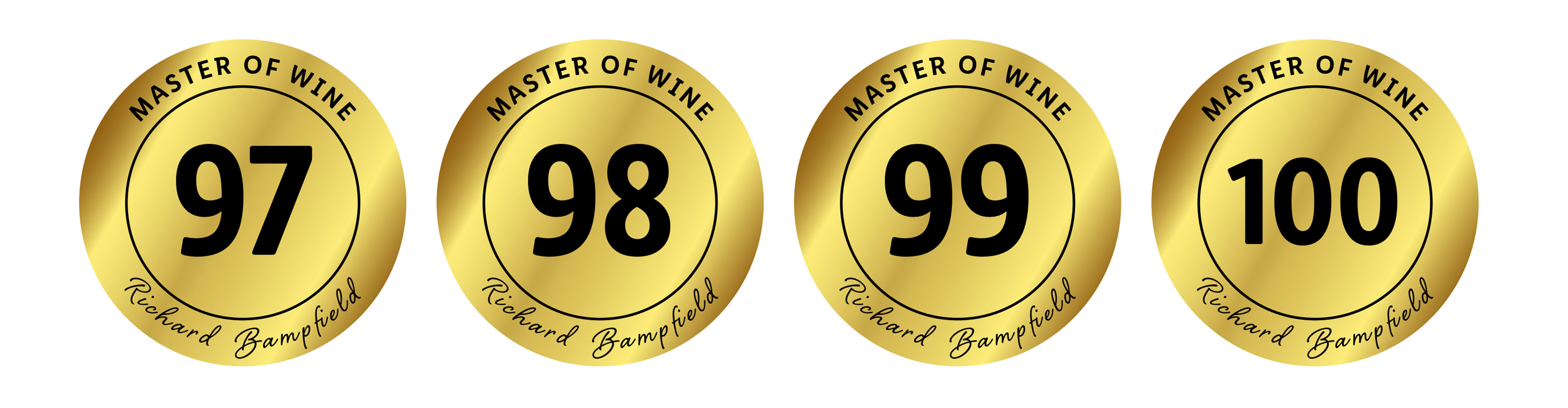Fire guldmedaljer med teksten 'MASTER OF WINE' og pointtal fra 97 til 100.