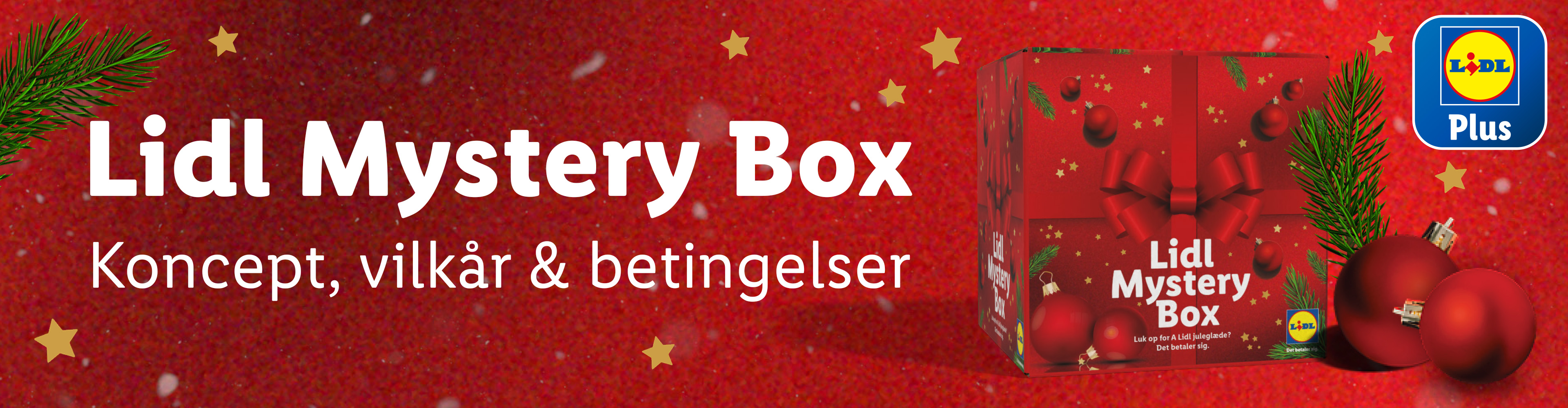 Lidl Mystery Box med julepynt og Lidl Plus-logo på rød baggrund.