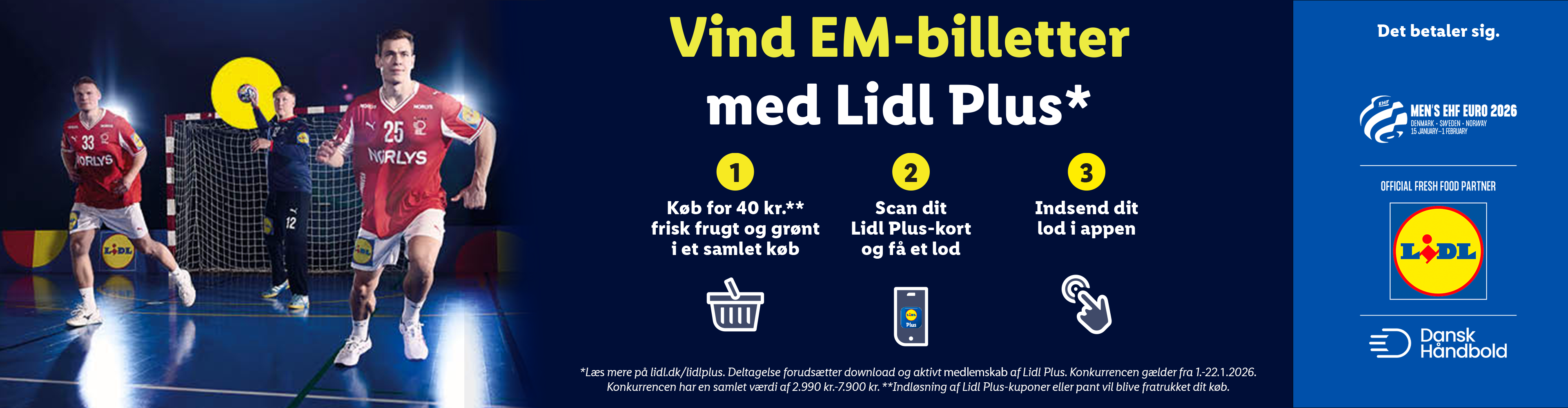 Håndboldspillere i aktion, der promoverer en konkurrence om EM-billetter med Lidl Plus.