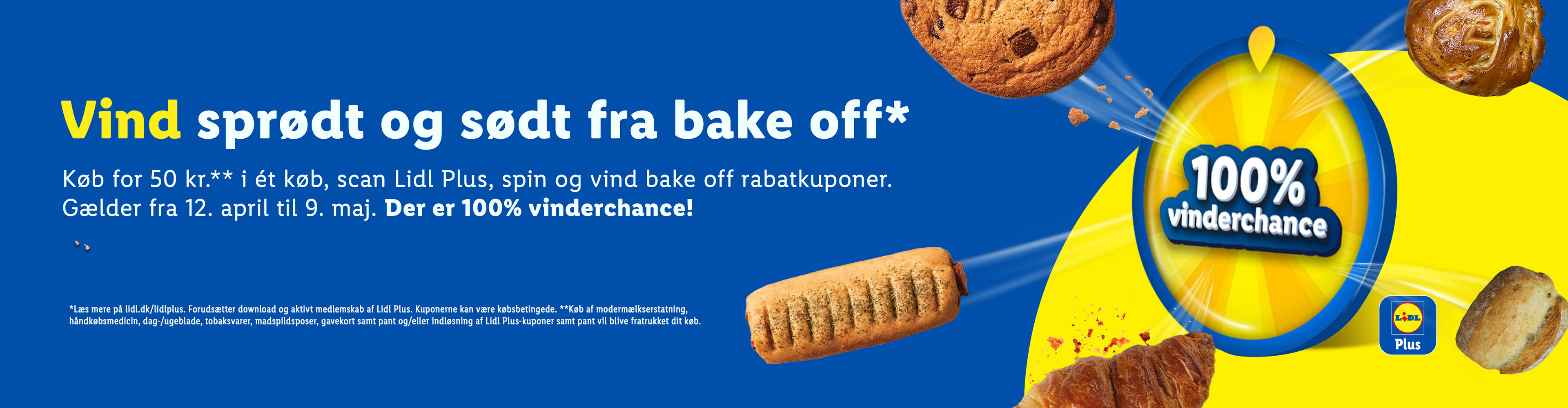 Vind sprødt og sødt fra bake off: Kager og brød flyver over en blå baggrund med tilbudstekst.