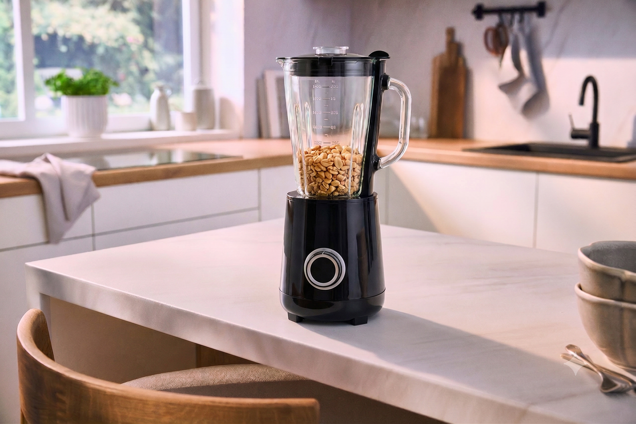 Sort blender med jordnødder på en hvid bordplade i et lyst køkken.