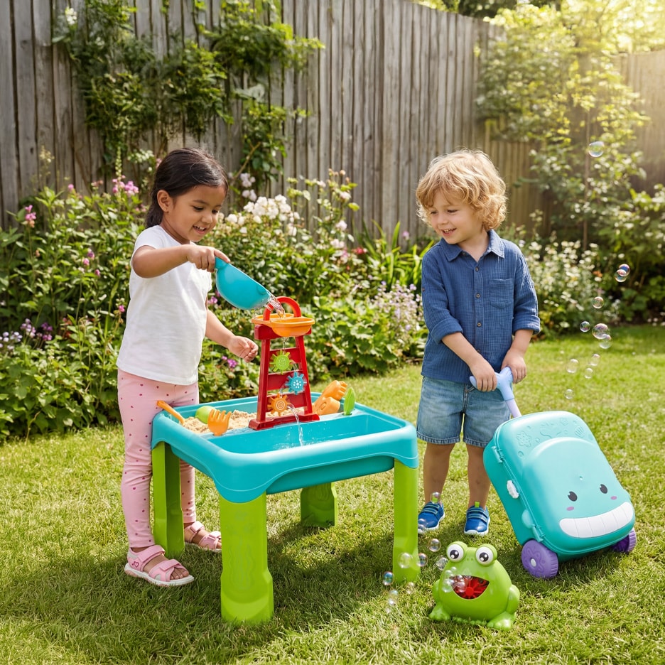 To børn leger med et sand- og vandbord, en boblemaskine og en rullende legetøjskuffert i en have.