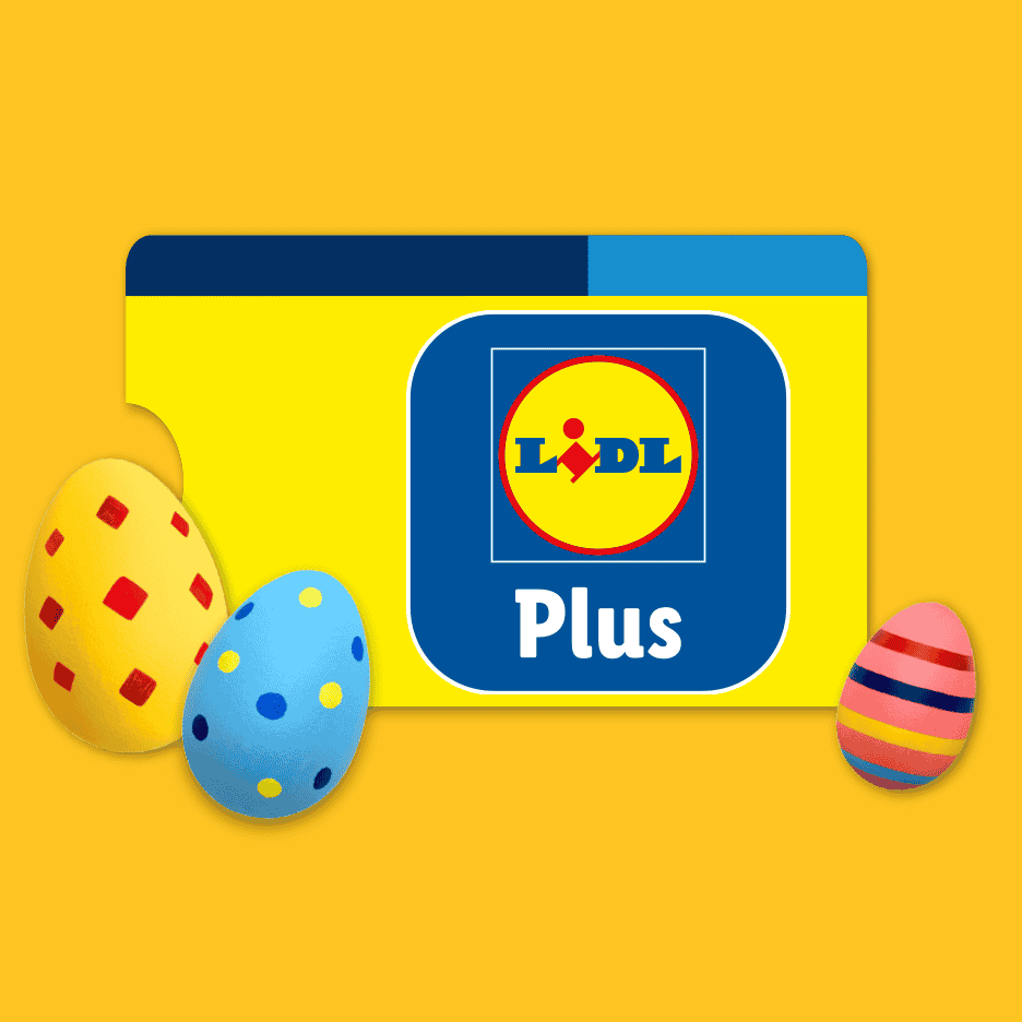 Lidl Plus-kort med tre påskeæg i gult, blåt og lyserødt.