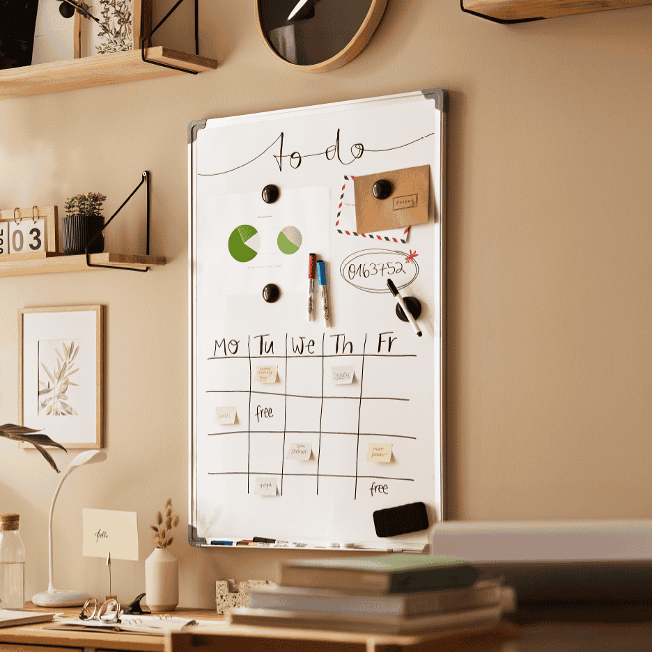 Hvid whiteboard med en ugeplan og noter, omgivet af hylder og kontorartikler.