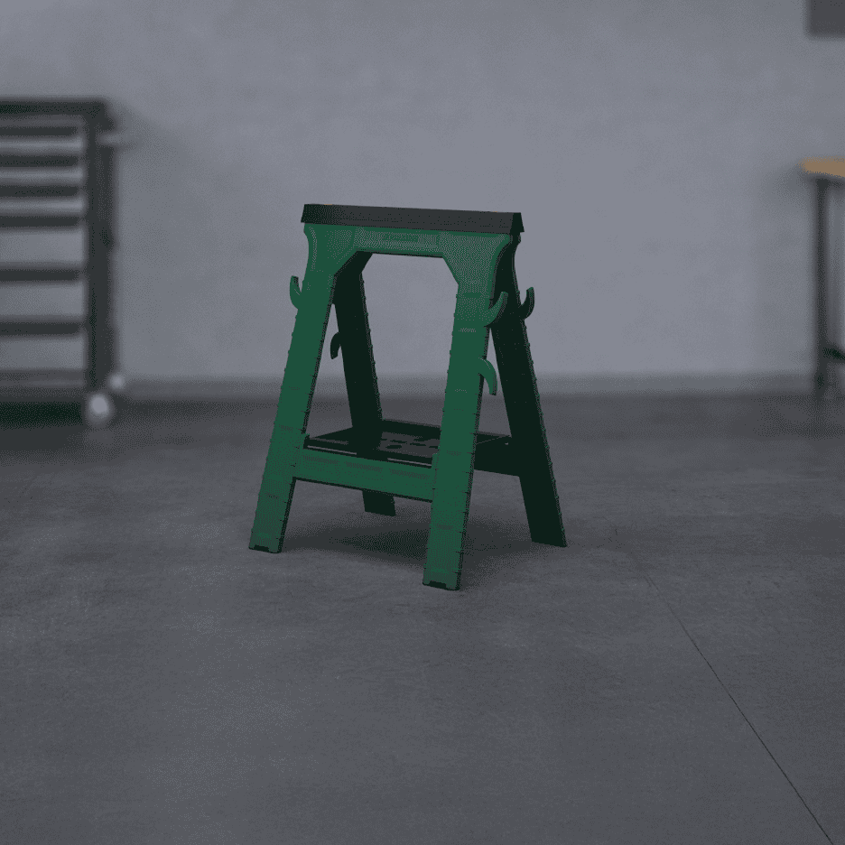 Grøn arbejdsbuk i et værksted.