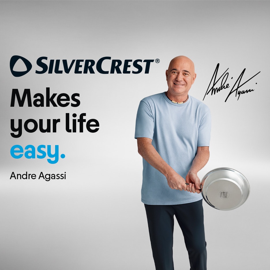 Andre Agassi holder en stegepande, med teksten 'Makes your life easy'.
